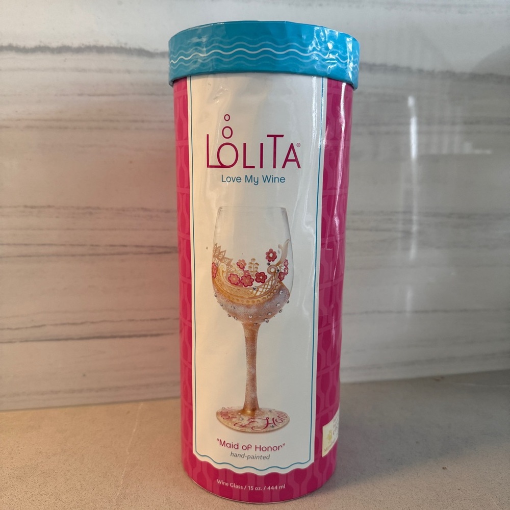 Lolita Wine Glass Maid Of Honor Hand Painted Floral Peach and Pearls Wedding